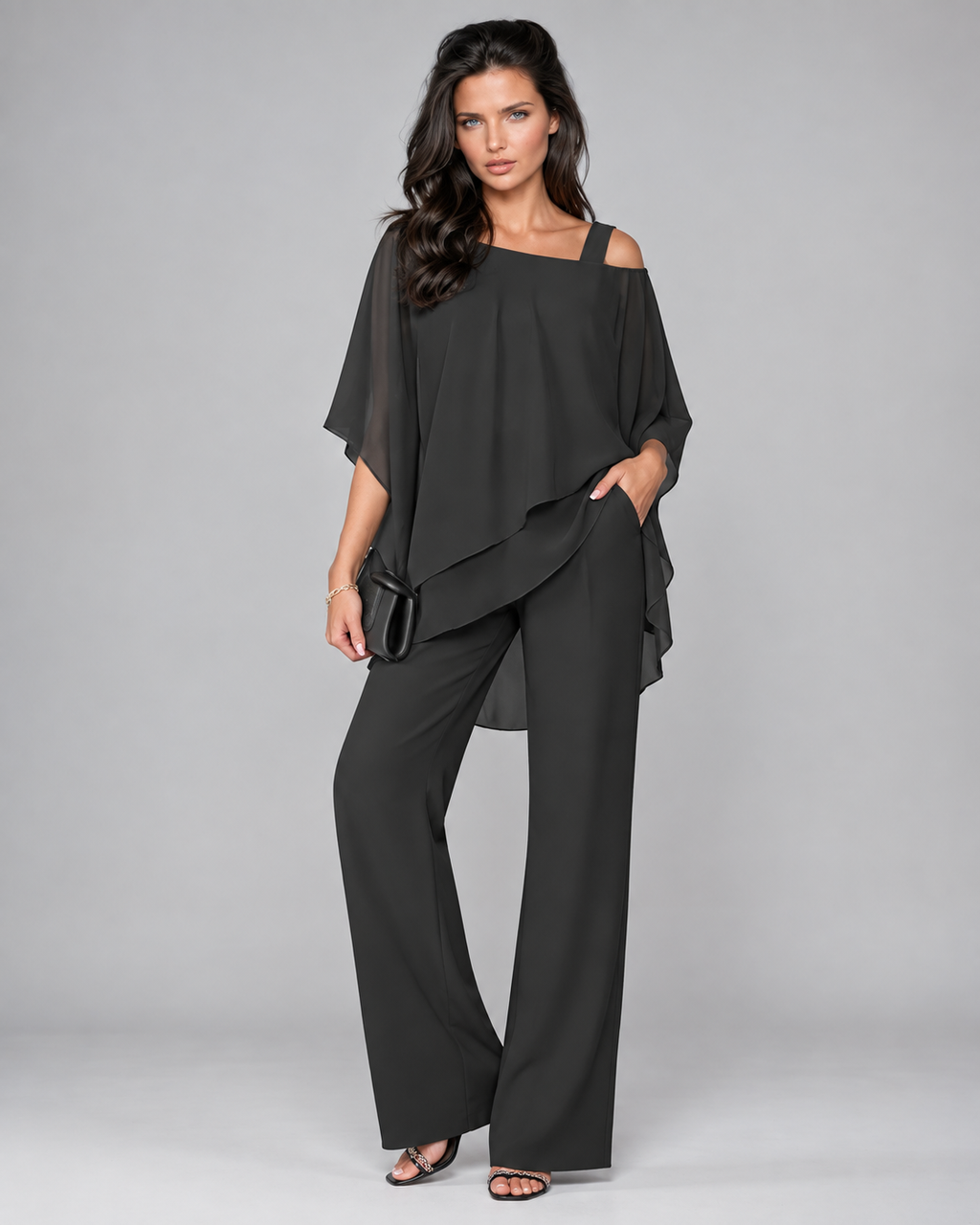 Anamartinezmadrid Helena | Conjunto de Top Drapeado en Capas y Pantalón Ancho – Negro – photo 4