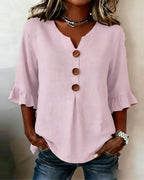 Marina Roca Blusa Inés de algodón-lino lisa con botones de madera y volantes – Rosa – photo 3