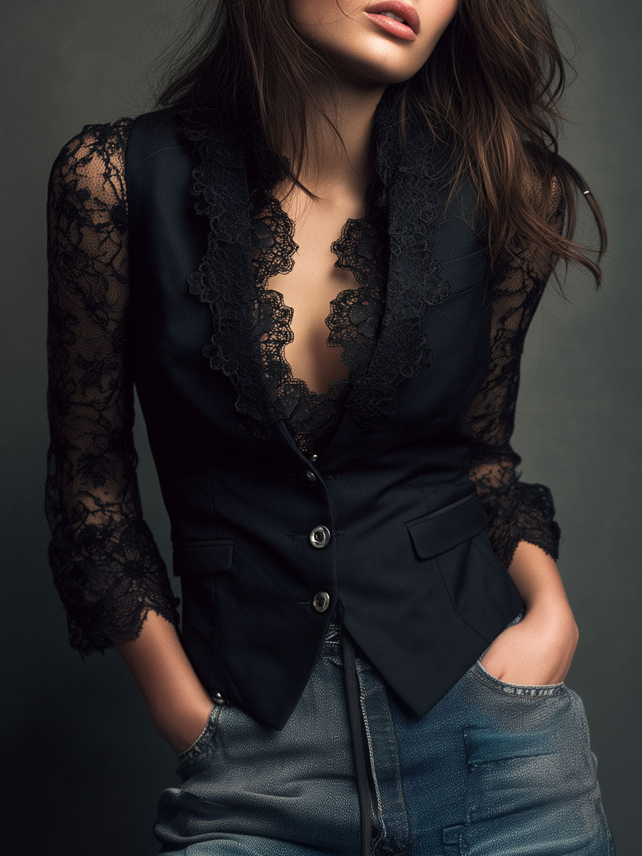 Jeanne Paris Teresa ⎸ Blazer con Mangas Semitransparentes – Negro
