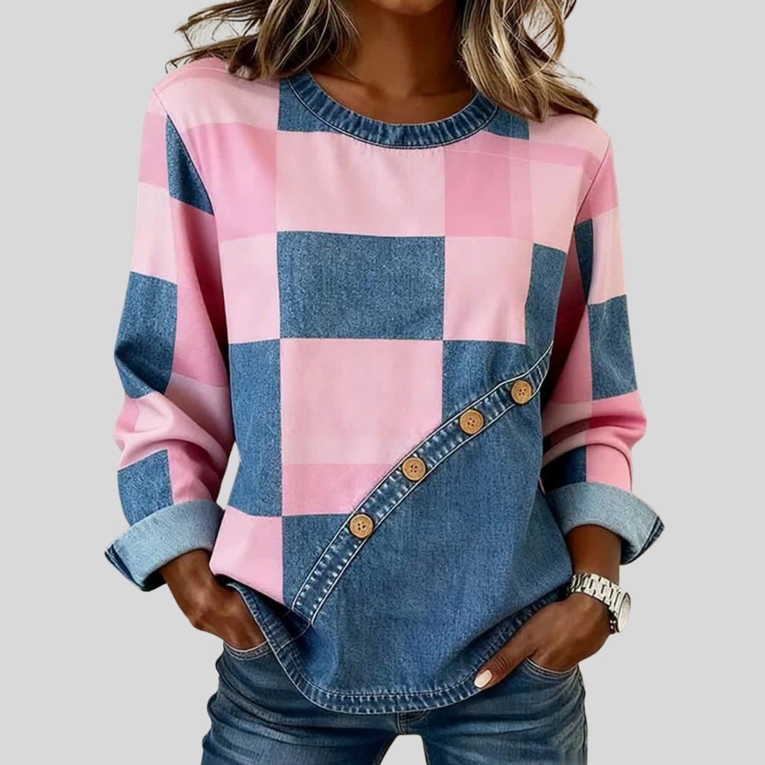 Anamartinezmadrid Garbiñe | Sudadera Patchwork Rosa y Vaquero con Botones en Diagonal
