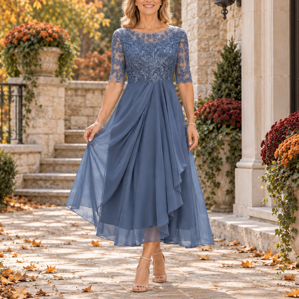 Anamartinezmadrid Inmaculada | Vestido Midi de Encaje con Falda Drapeada en Capas – Azul