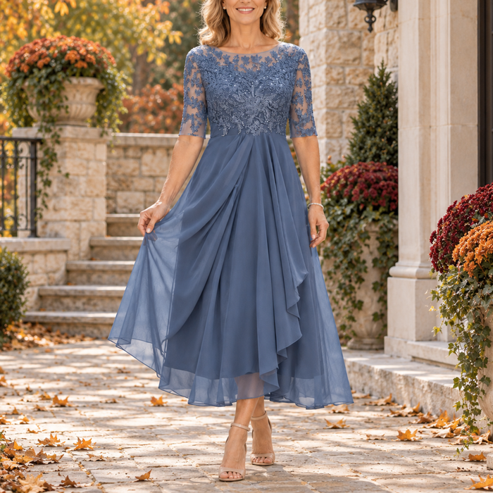 Inmaculada | Vestido Midi de Encaje con Falda Drapeada en Capas