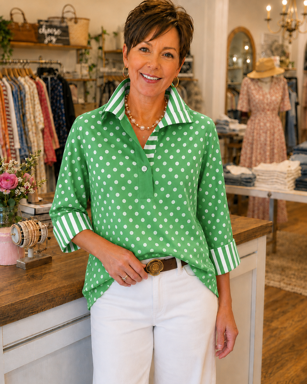 Anamartinezmadrid Pepa | Blusa de Lunares con Cuello y Puños de Rayas – Verde – photo 5