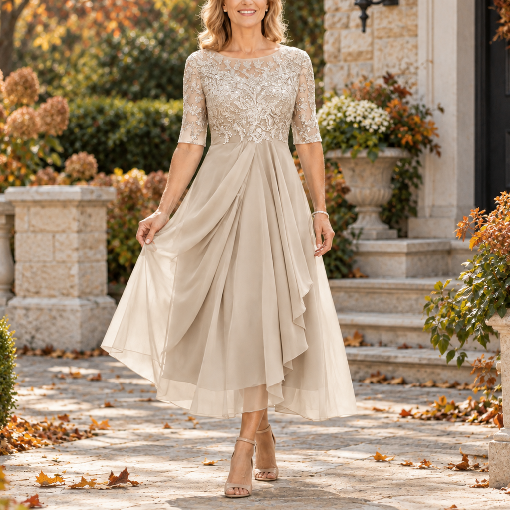 Anamartinezmadrid Inmaculada | Vestido Midi de Encaje con Falda Drapeada en Capas – Champán – photo 4