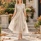 Anamartinezmadrid Inmaculada | Vestido Midi de Encaje con Falda Drapeada en Capas – Champán – photo 4