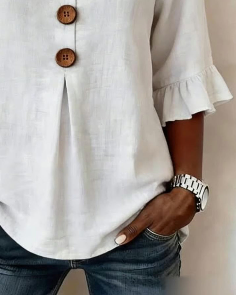 Marina Roca Blusa Inés de algodón-lino lisa con botones de madera y volantes – photo 7