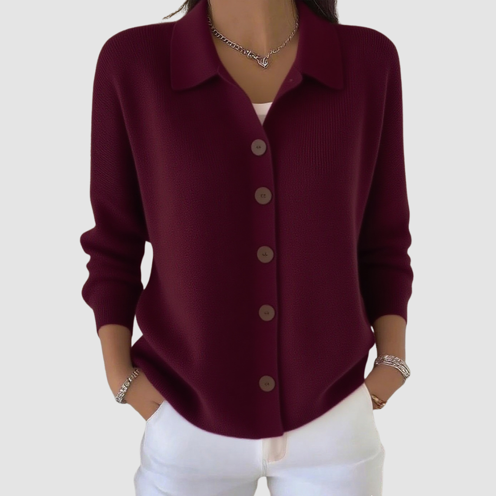 Anamartinezmadrid Iria | Cárdigan de Punto con Cuello Camisero y Botones – Burdeos – photo 4