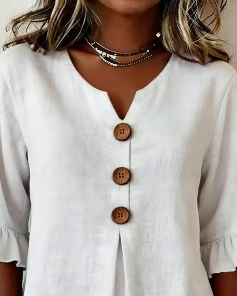 Marina Roca Blusa Inés de algodón-lino lisa con botones de madera y volantes – photo 8