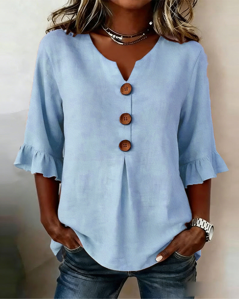 Marina Roca Blusa Inés de algodón-lino lisa con botones de madera y volantes – Azul – photo 4