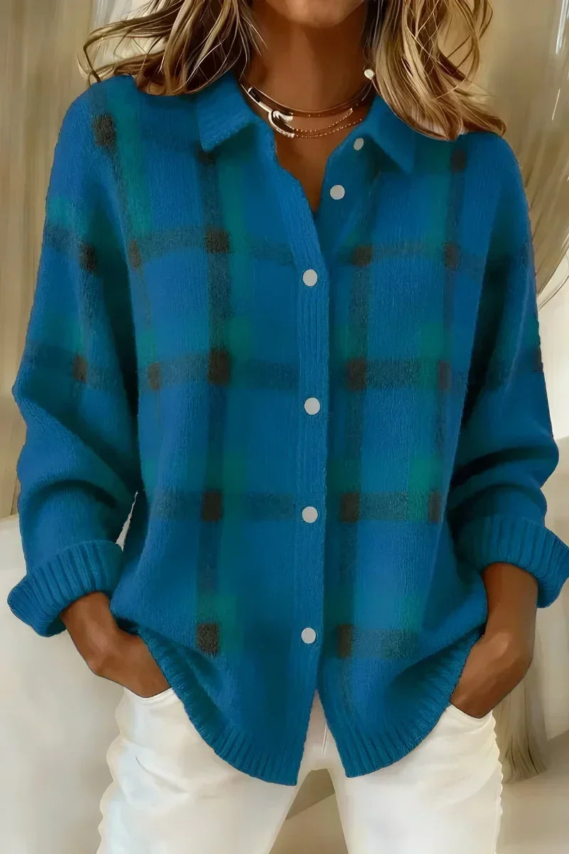 Anamartinezmadrid Yaiza | Cárdigan de Cuadros Azul Cepillado con Cuello Camisero – Azul
