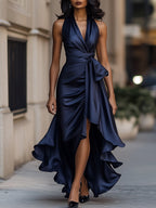 Anamartinezmadrid Gloria | Vestido Largo de Satén con Escote Halter y Volantes – Azul Marino