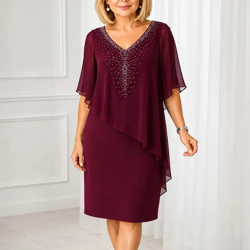 Anamartinezmadrid Joaquina | Vestido Midi de Invitada con Capa de Gasa y Escote en Pico – Burdeos – photo 12