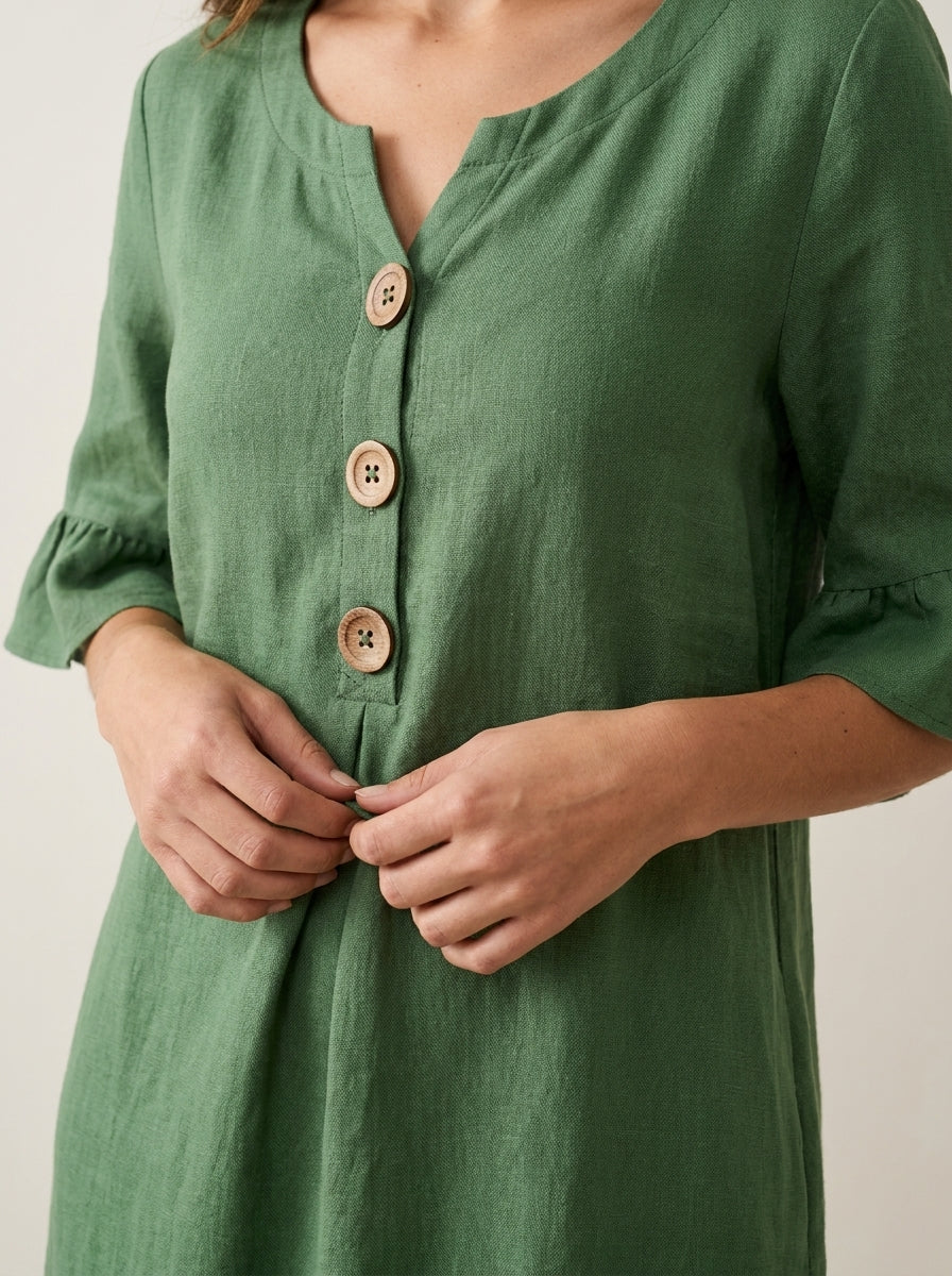 Vanesa | Vestido con textura de lino con manga abullonada y botones