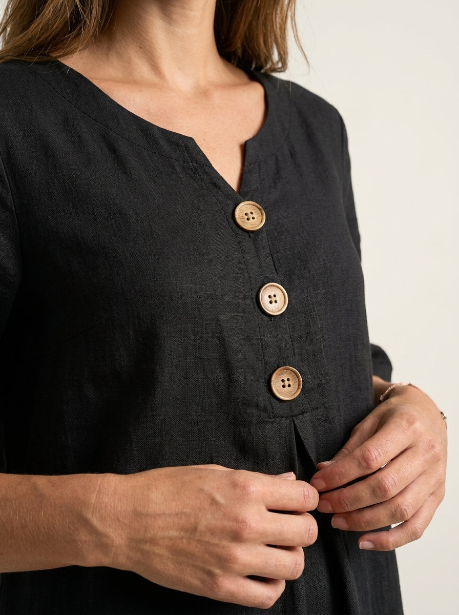 Vanesa | Vestido con textura de lino con manga abullonada y botones