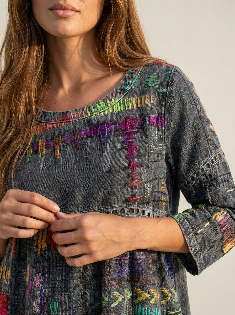 SANTORO Manuela - Vestido Denim con Patchwork Étnico – photo 7