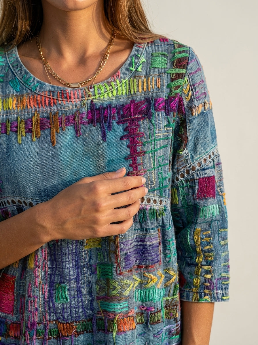 SANTORO Manuela - Vestido Denim con Patchwork Étnico – photo 2