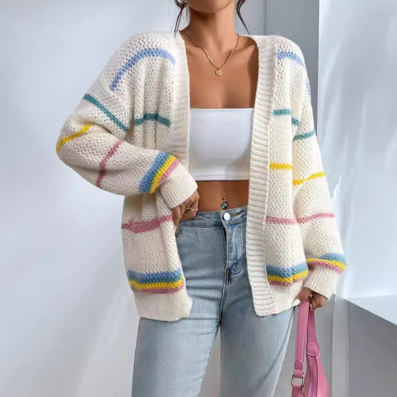 Anamartinezmadrid Nayara | Cárdigan Oversize de Punto Calado con Rayas de Color – Albaricoque
