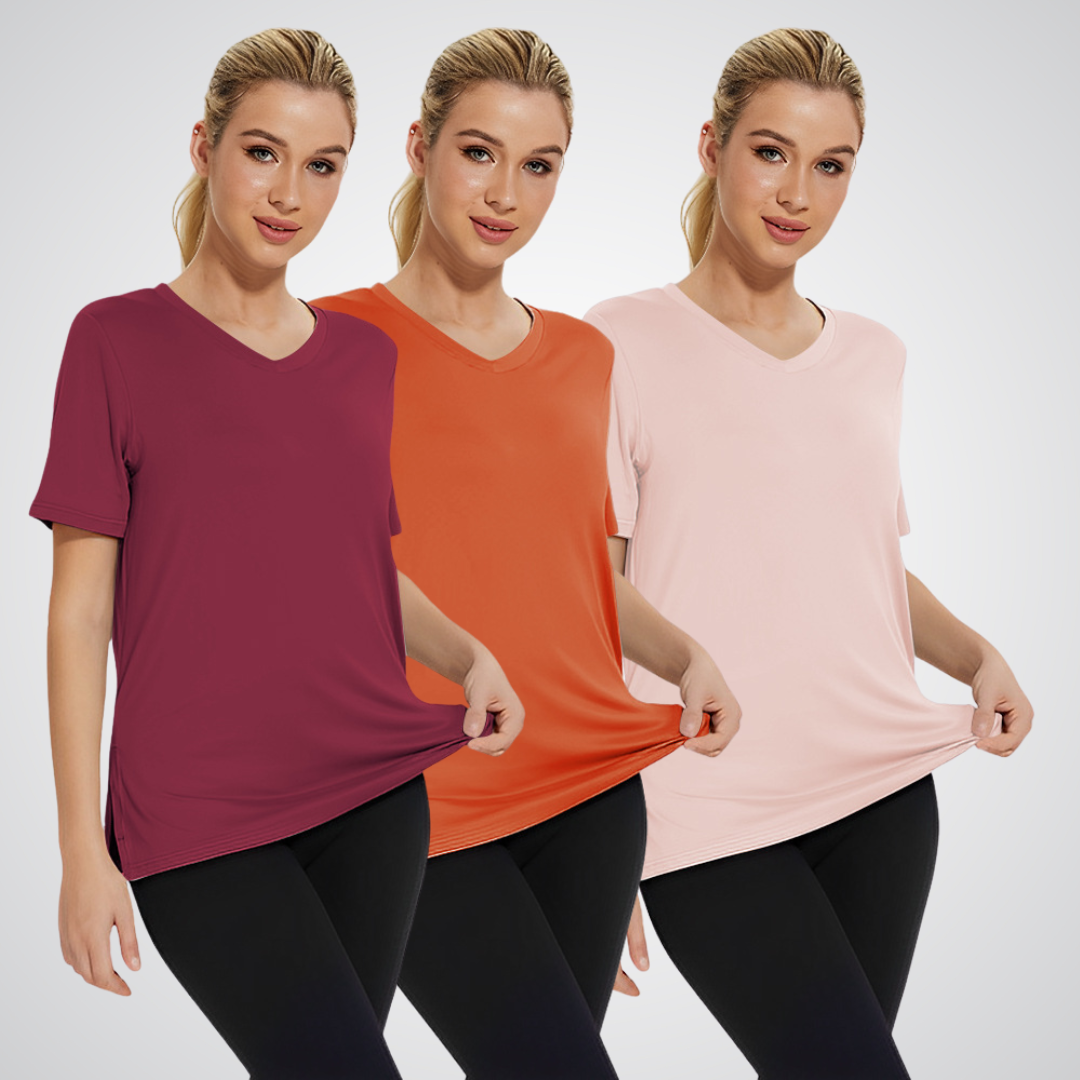 Anamartinezmadrid Selena | Pack de 3 Camisetas de Cuello Pico – Rojo Vino / Rojo Teja / Albaricoque – photo 3