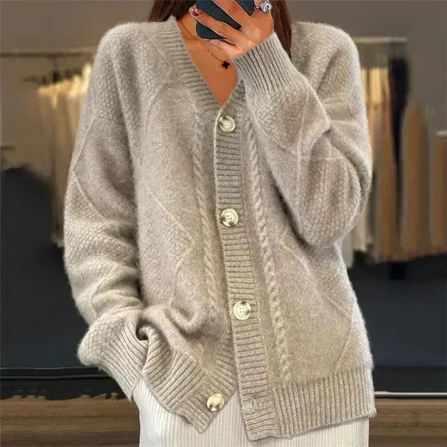 Anamartinezmadrid Abigail | Cárdigan con Escote de Pico y Punto de Rombos – Gris