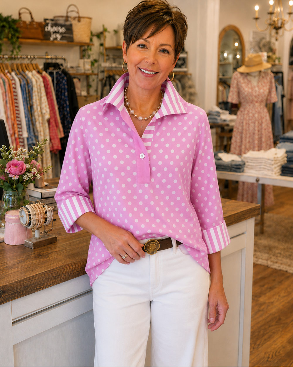 Anamartinezmadrid Pepa | Blusa de Lunares con Cuello y Puños de Rayas – Rosa