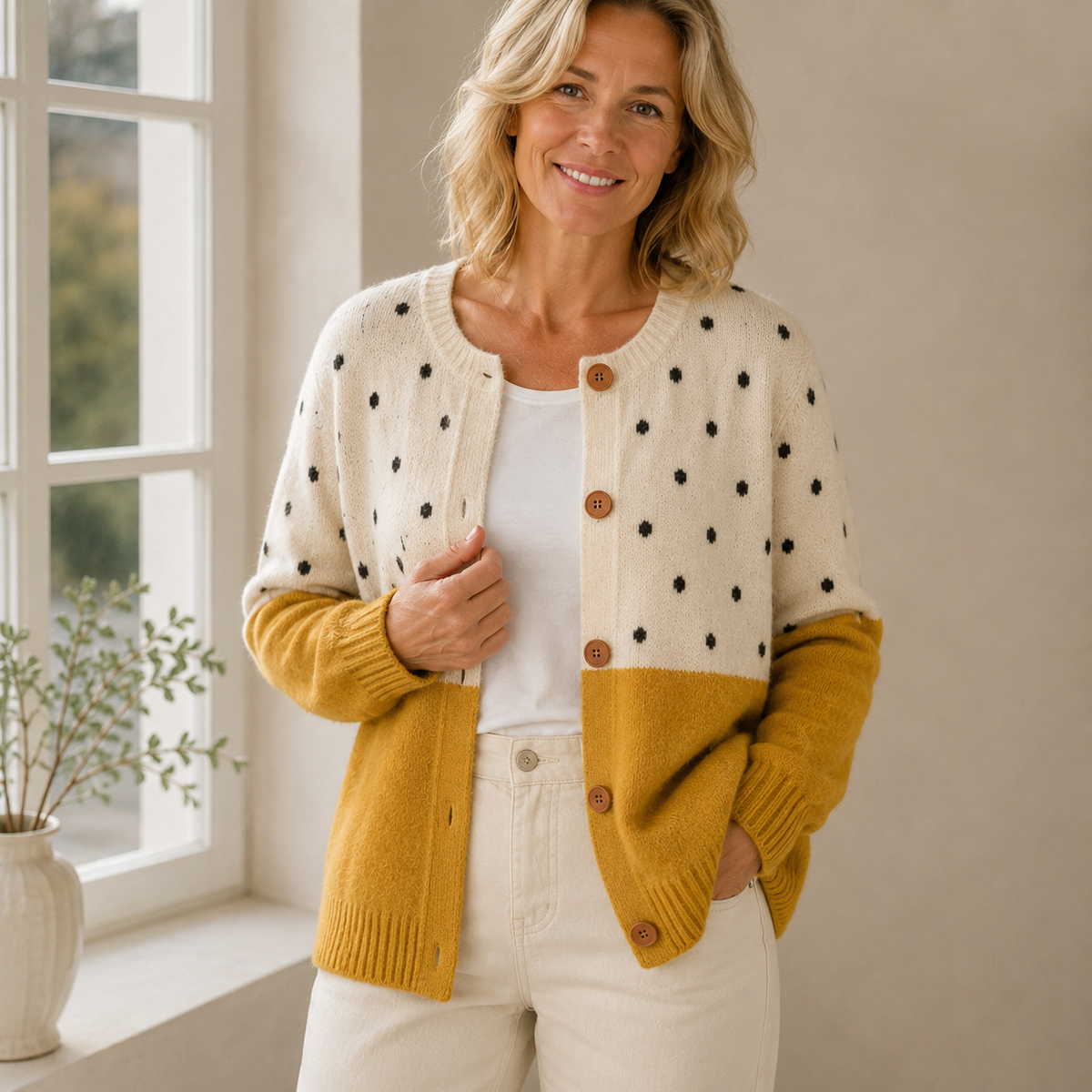 Anamartinezmadrid Mariola | Cárdigan de Punto Bicolor Mostaza con Lunares – photo 2