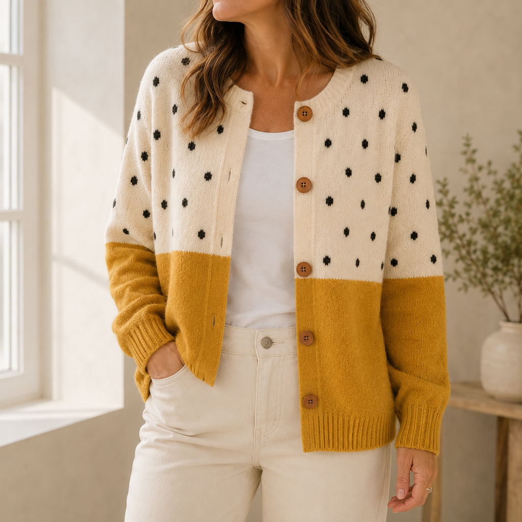 Anamartinezmadrid Mariola | Cárdigan de Punto Bicolor Mostaza con Lunares