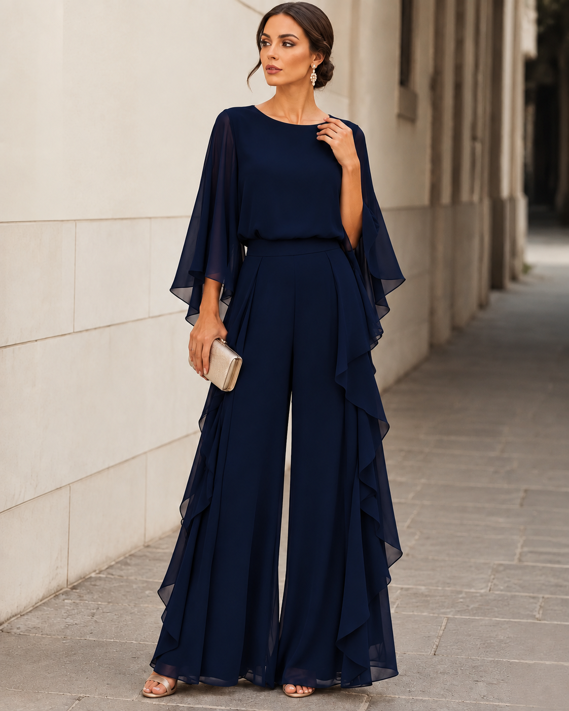 Anamartinezmadrid Lucrecia | Conjunto de Blusa con Manga Capa y Falda de Volantes – Azul Marino – photo 5