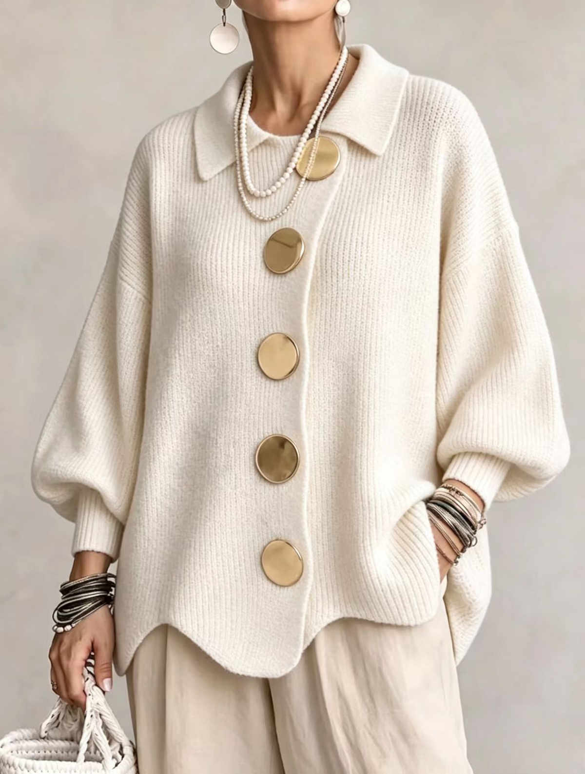 Anamartinezmadrid Isadora | Cárdigan Oversize con Cuello y Botones Dorados – Blanco – photo 4