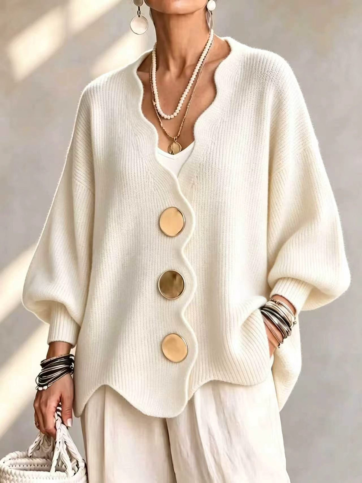 Anamartinezmadrid Mercedes | Cárdigan de Punto con Botones y Cuello en Pico – Beige – photo 10