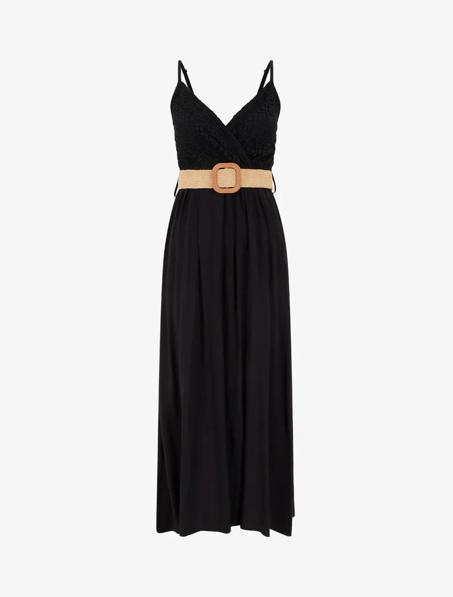 Marina Roca Elena | Vestido largo liso con pecho de encaje – Negro – photo 9