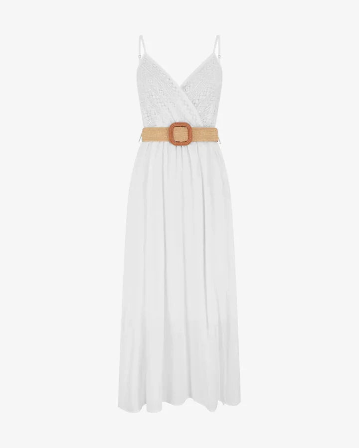 Marina Roca Elena | Vestido largo liso con pecho de encaje – Blanco – photo 2