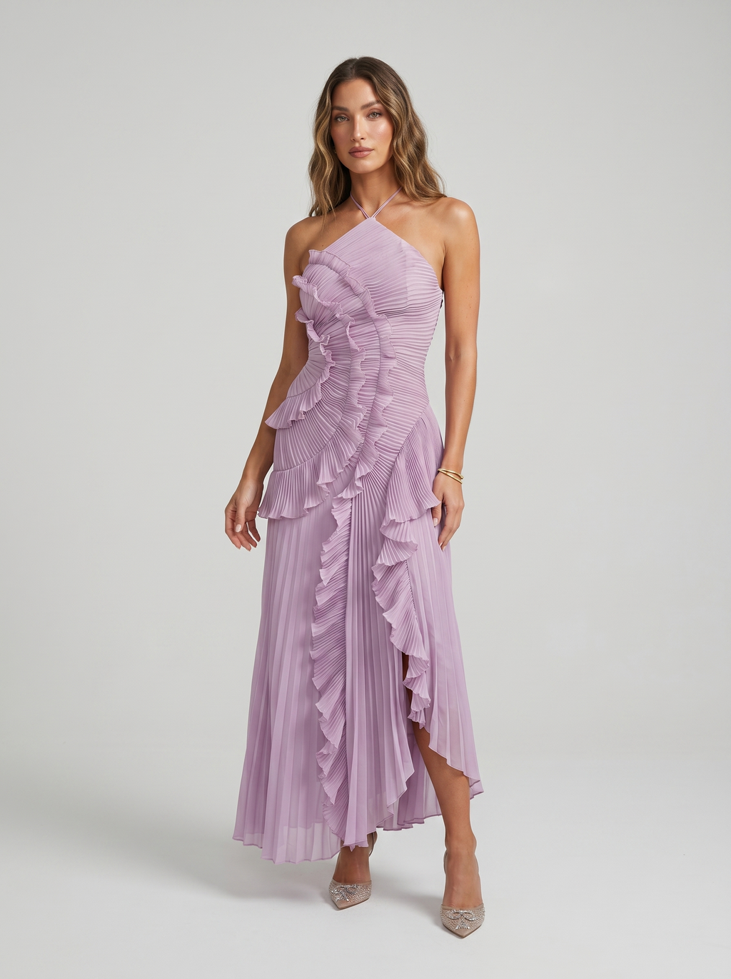 Marina Roca Ariadna | Vestido largo plisado con volantes – Púrpura – photo 2
