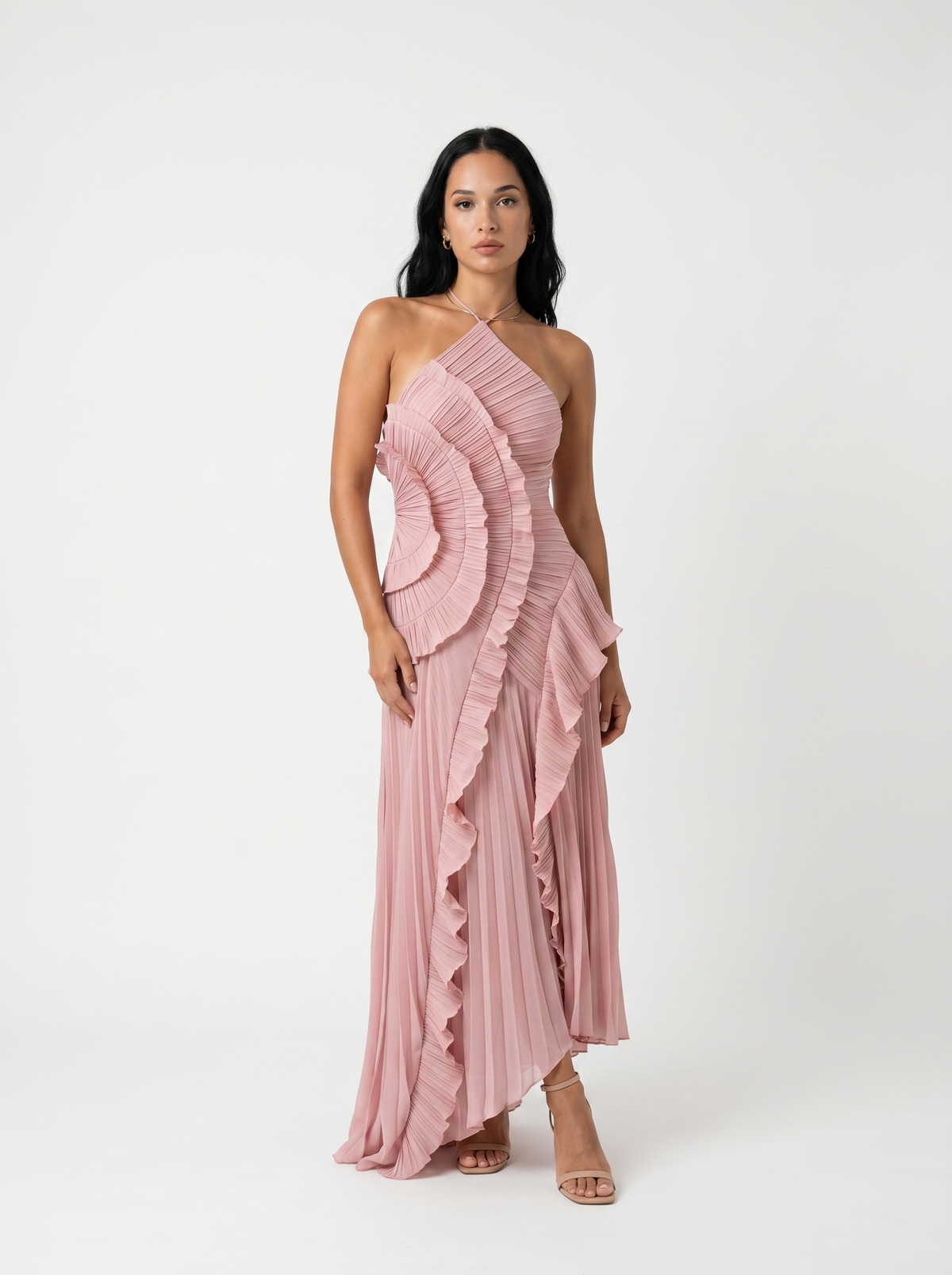 Marina Roca Ariadna | Vestido largo plisado con volantes – Rosa – photo 10