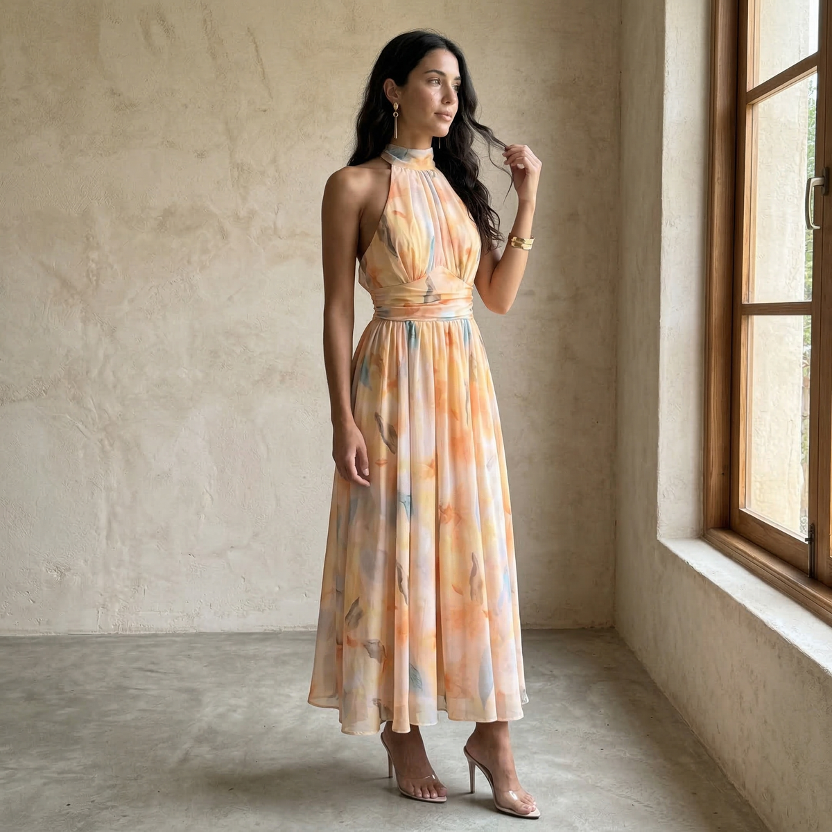 Marina Roca Aura | Vestido estampado con cuello Halter y cintura ajustable – photo 3