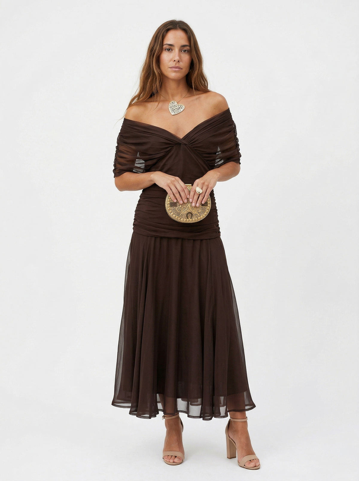 Marina Roca Nora | Vestido largo con cuello en v – Marrón oscuro – photo 8