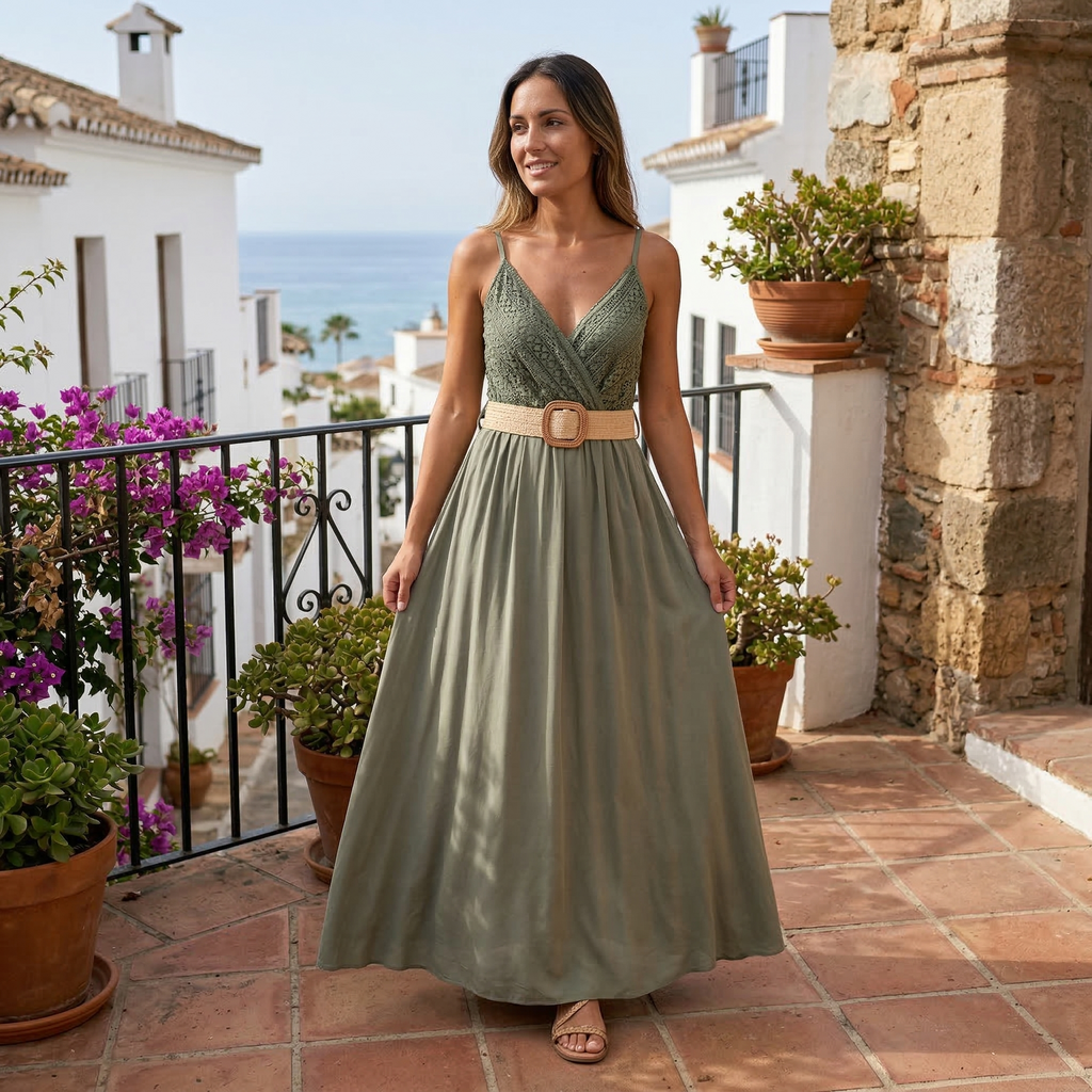 Marina Roca Elena | Vestido largo liso con pecho de encaje – photo 8
