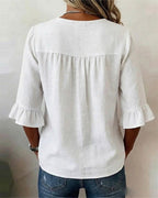 Marina Roca Blusa Inés de algodón-lino lisa con botones de madera y volantes – photo 11