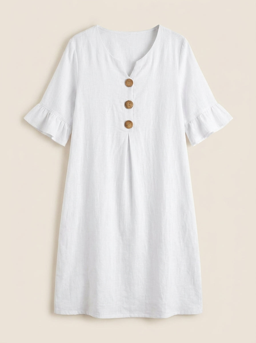 Vanesa | Vestido con textura de lino con manga abullonada y botones