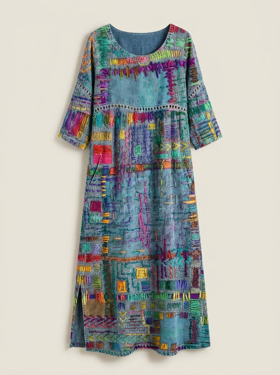SANTORO Manuela - Vestido Denim con Patchwork Étnico – photo 3