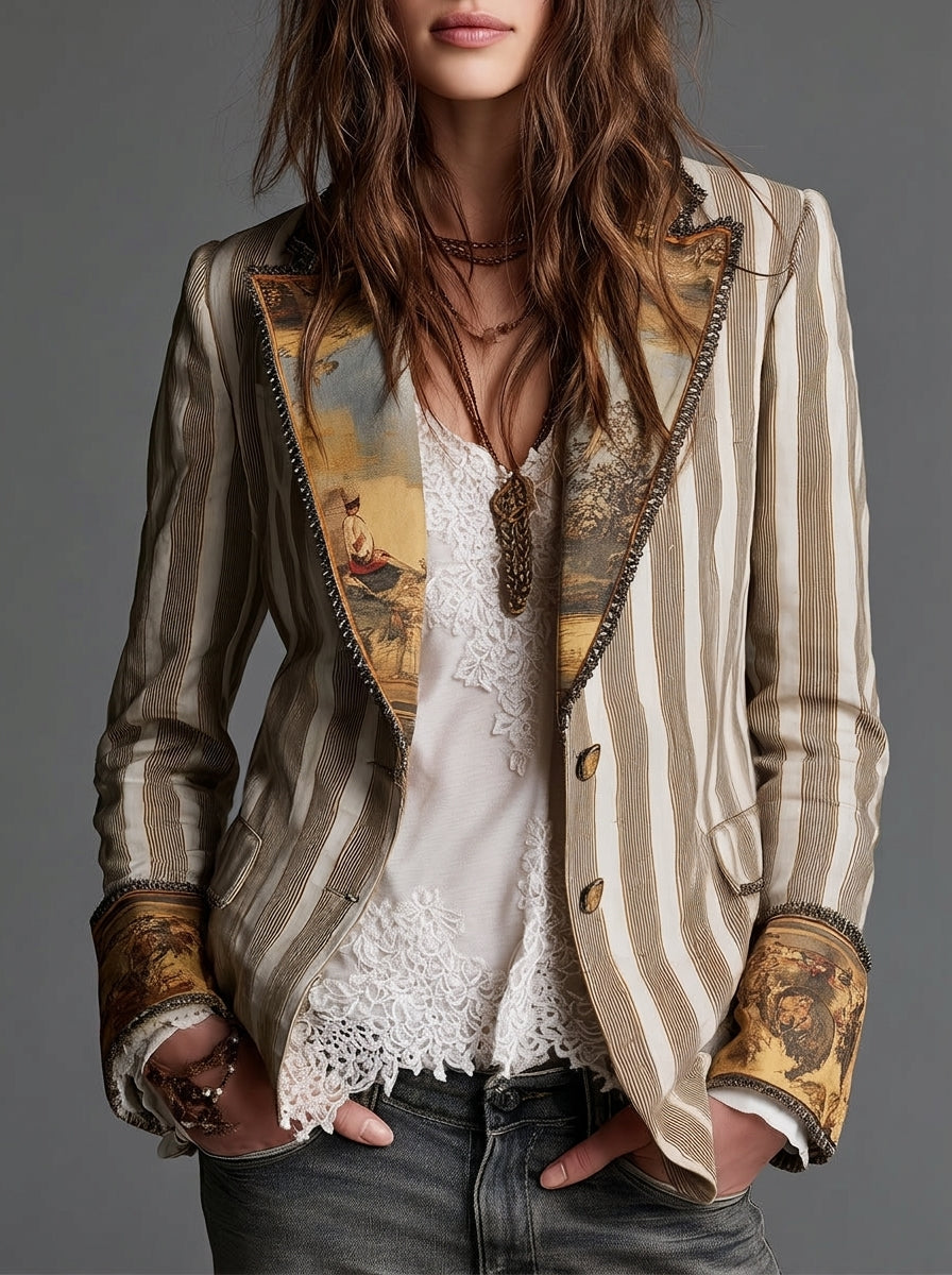 Jeanne Paris Sara ⎸ Blazer Bohemio a Rayas con Cuello Estampado – Caqui