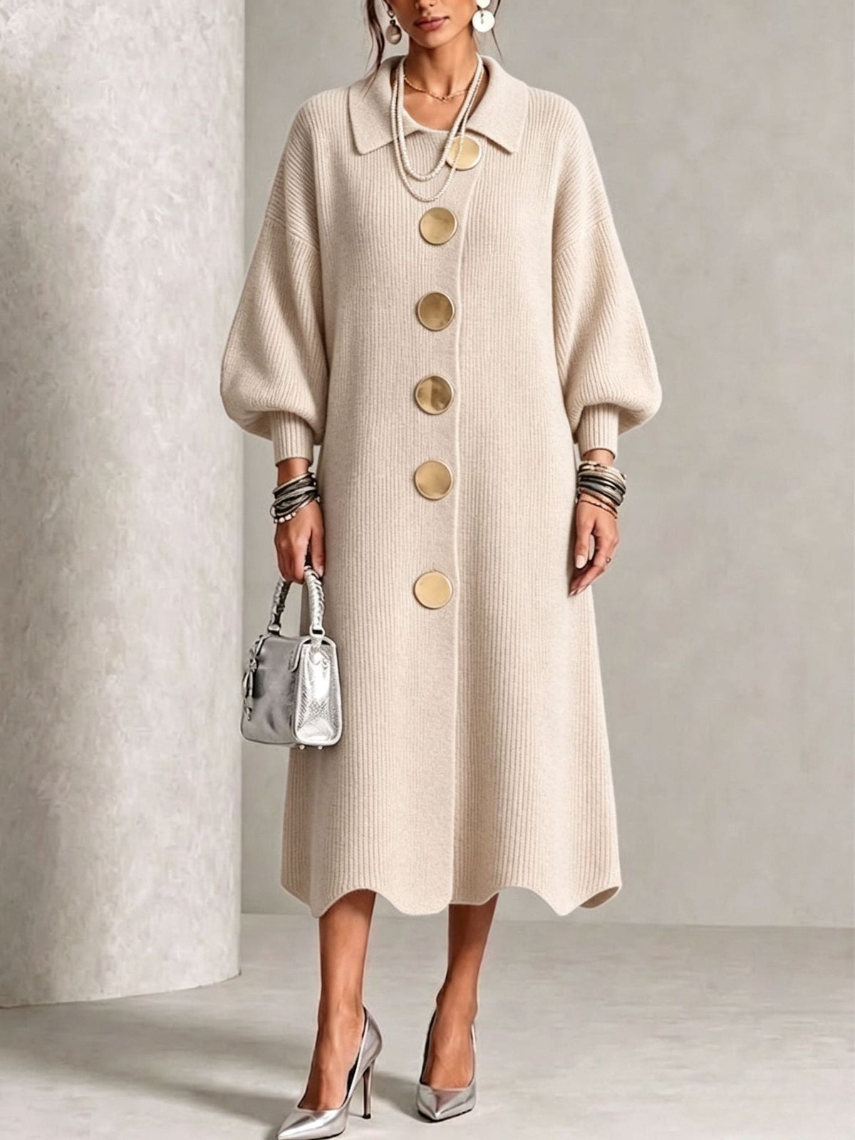 Anamartinezmadrid Victoria | Vestido de Punto Canalé con Botones Dorados – Albaricoque – photo 5