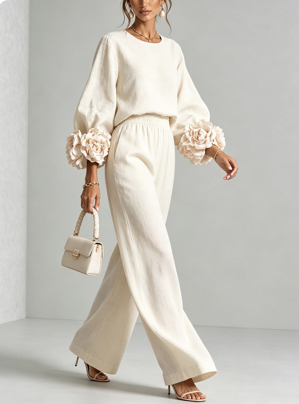 Anamartinezmadrid Romina | Conjunto de Top con Puños Florales y Pantalón Ancho – Blanco – photo 8