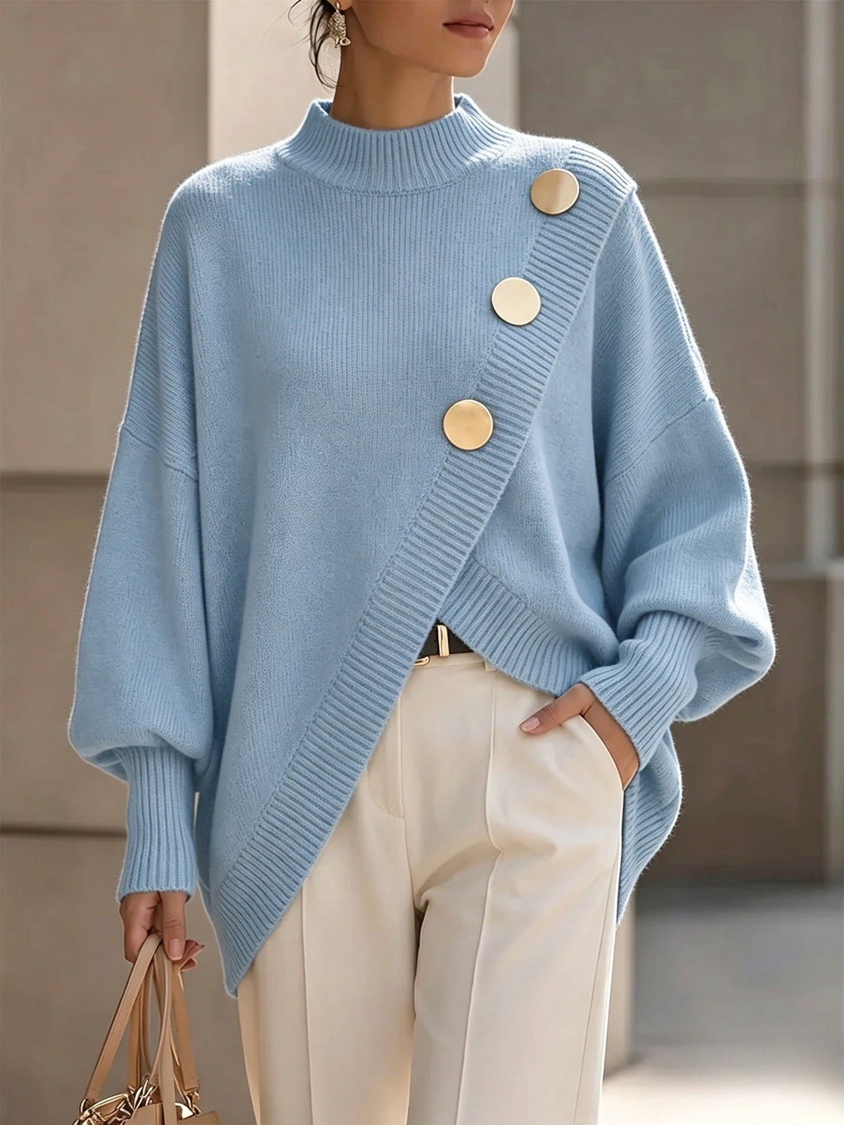 Anamartinezmadrid Regina | Jersey de Punto Asimétrico con Botones Dorados – Azul Cielo – photo 3