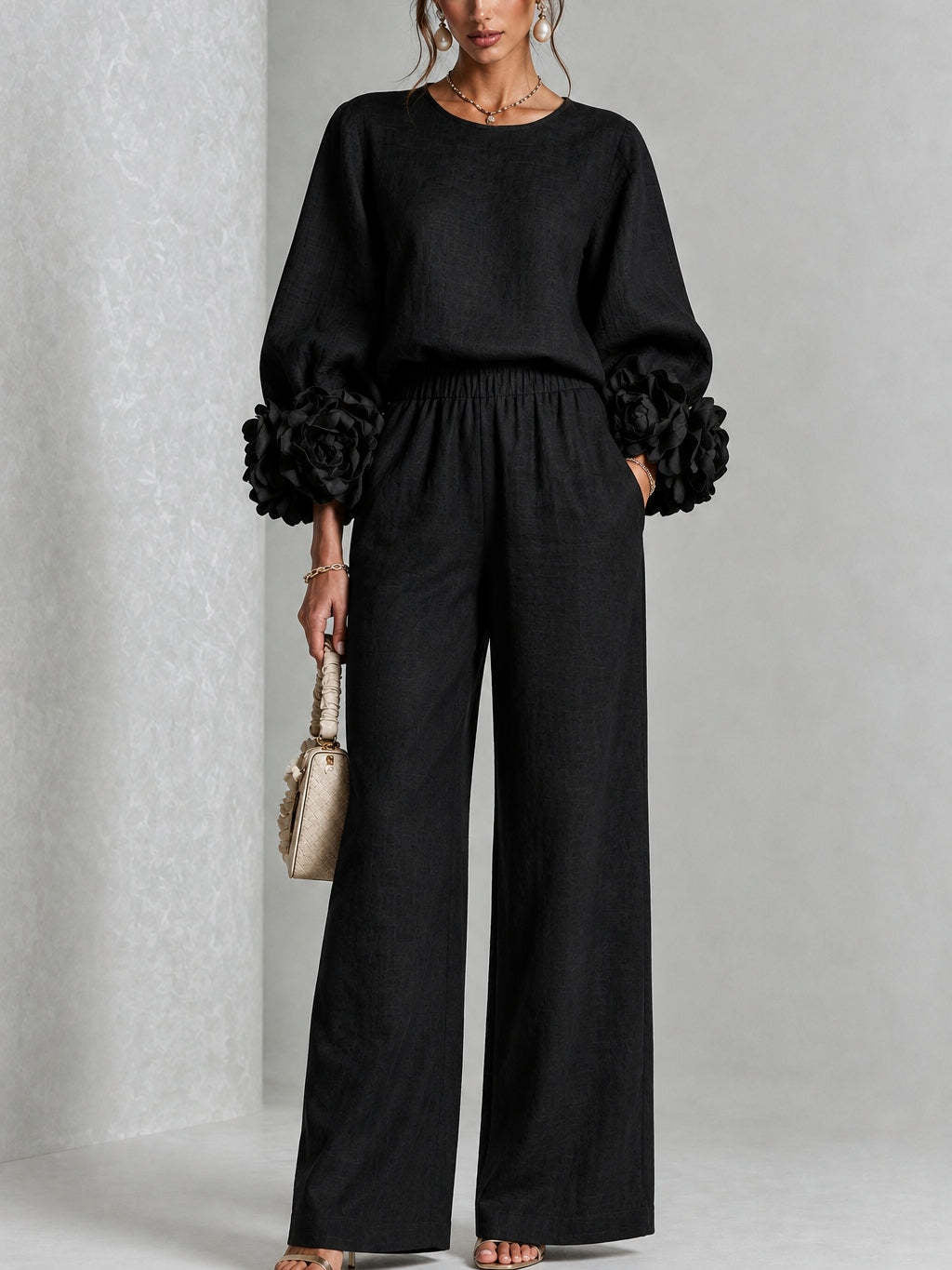 Anamartinezmadrid Romina | Conjunto de Top con Puños Florales y Pantalón Ancho – Negro – photo 6