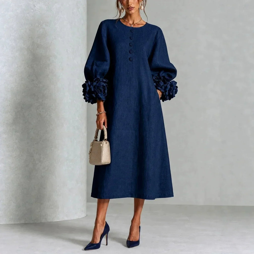 Anamartinezmadrid Azucena | Vestido Midi con Botones Florales y Puños de Rosa – Azul – photo 5