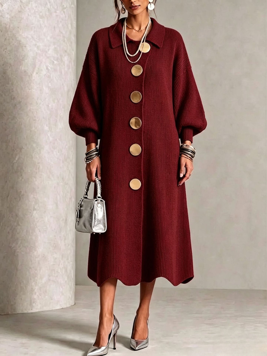 Anamartinezmadrid Victoria | Vestido de Punto Canalé con Botones Dorados – Burdeos – photo 4