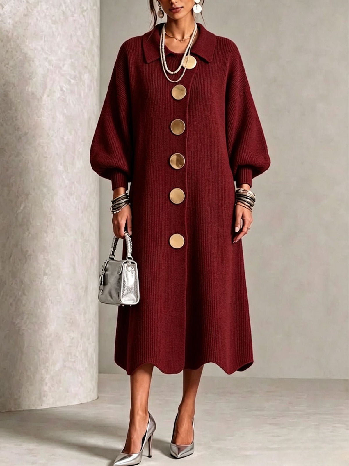 Anamartinezmadrid Victoria | Vestido de Punto Canalé con Botones Dorados – Burdeos – photo 4