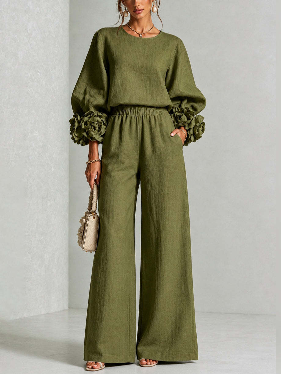Anamartinezmadrid Romina | Conjunto de Top con Puños Florales y Pantalón Ancho – Verde – photo 7