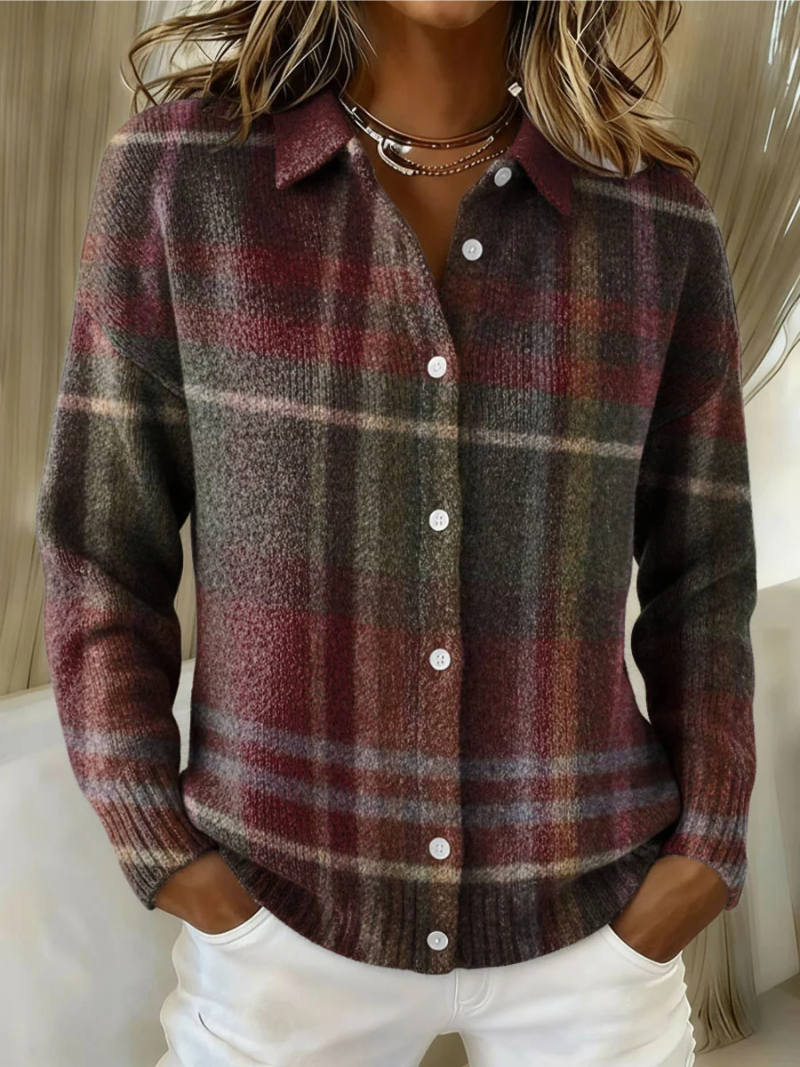Anamartinezmadrid Eleonora | Cárdigan de Cuadros Burdeos y Verde con Cuello Camisero – Multicolor
