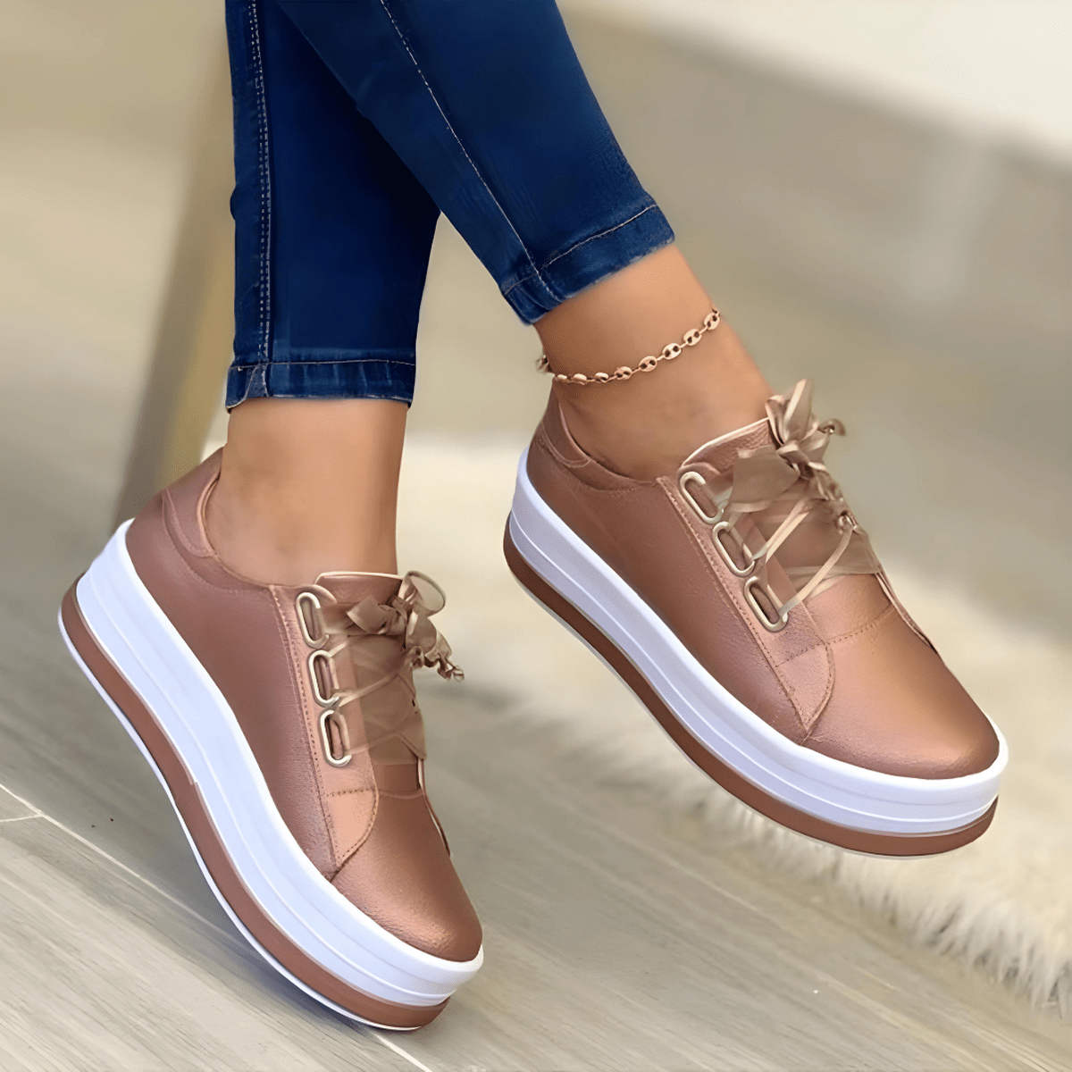 Anamartinezmadrid Aitana | Zapatillas Plataforma Casual Mujer Cordones Ojales Metálicos Suela Alta – Dorado – photo 7